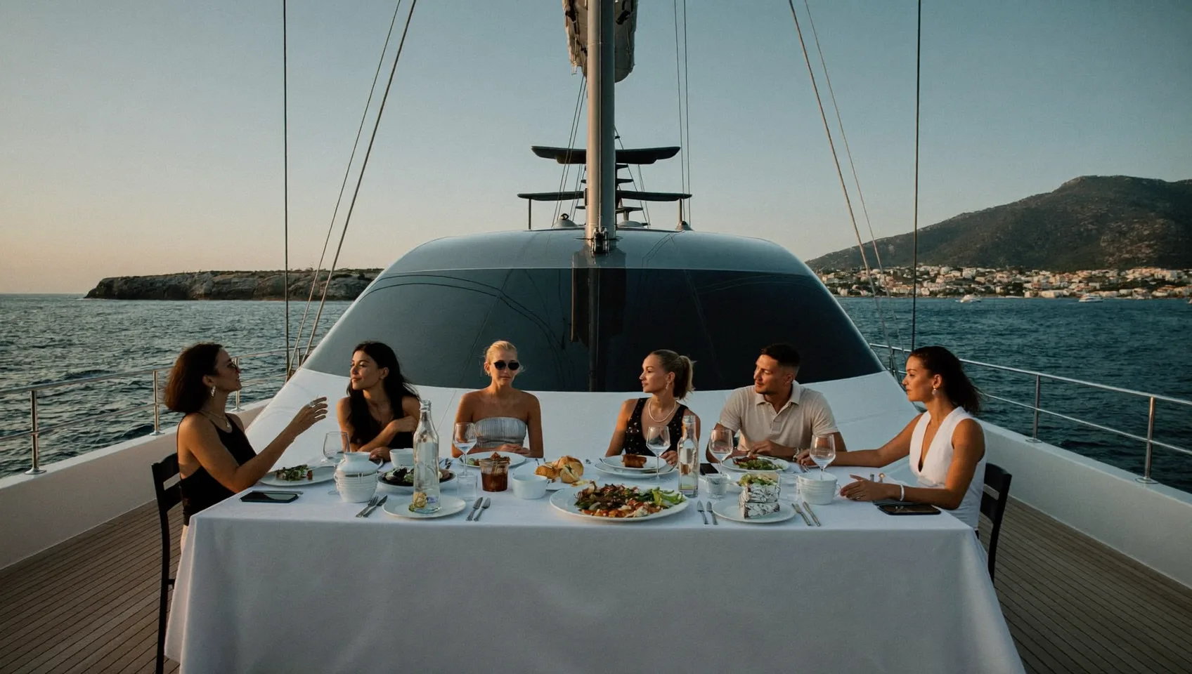 Gäste gehen in der Marina an Bord einer Yacht